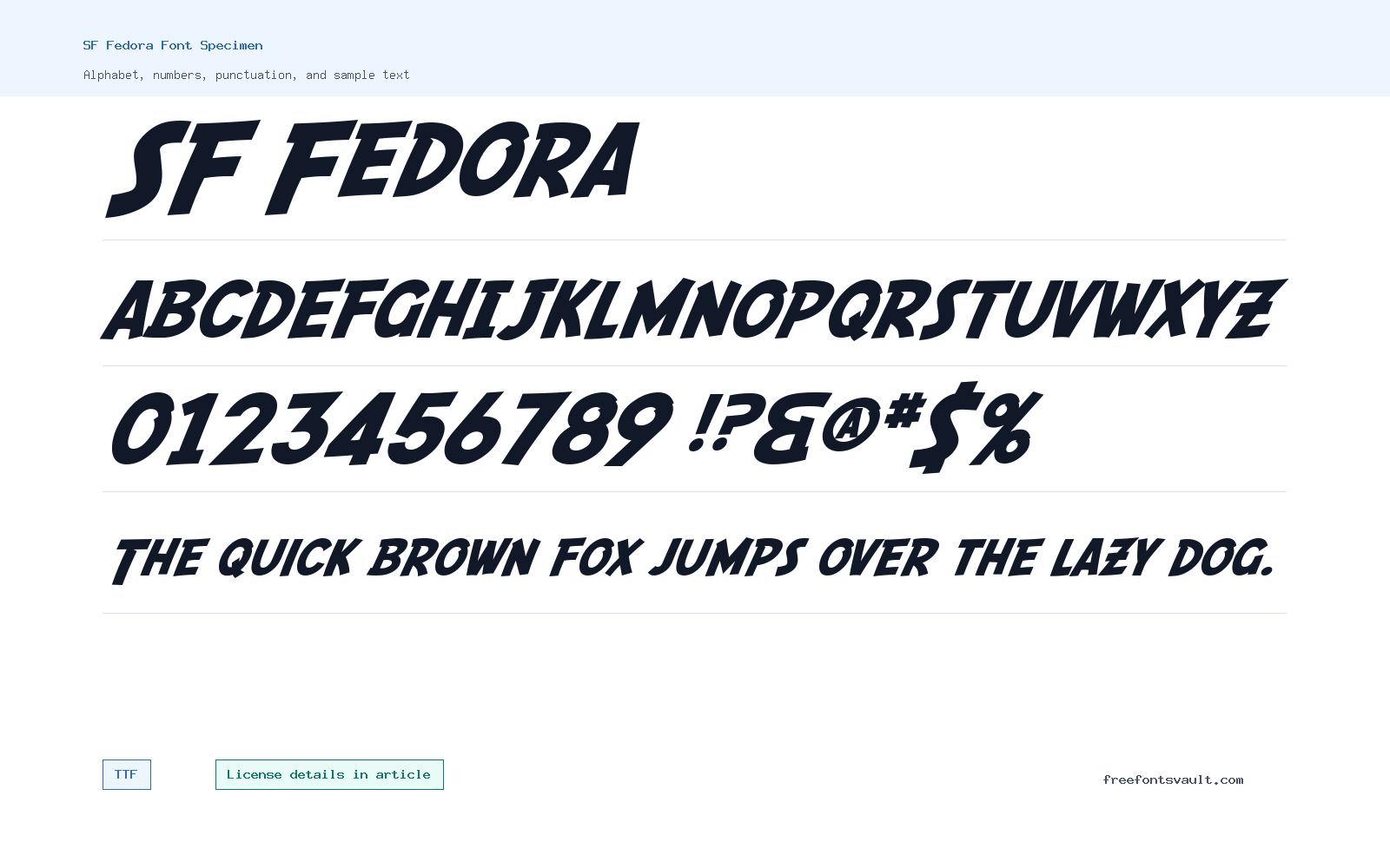 SF Fedora font specimen showing alphabet, numbers, and sample text