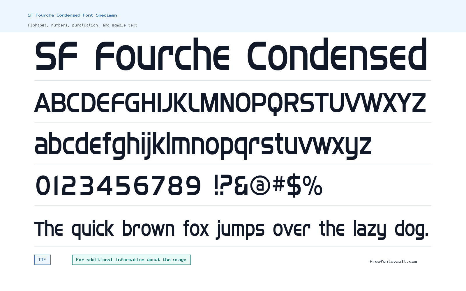SF Fourche Condensed font specimen showing alphabet, numbers, and sample text