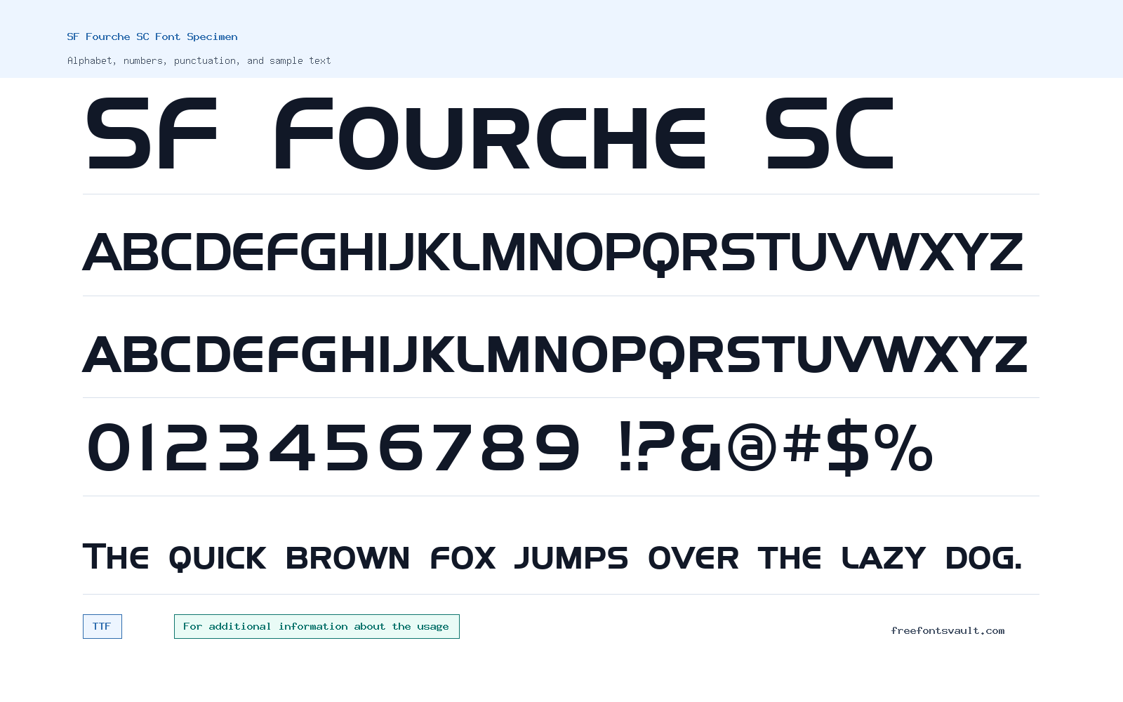 SF Fourche SC font specimen showing alphabet, numbers, and sample text
