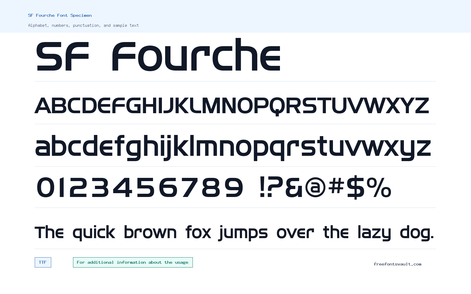 SF Fourche font specimen showing alphabet, numbers, and sample text