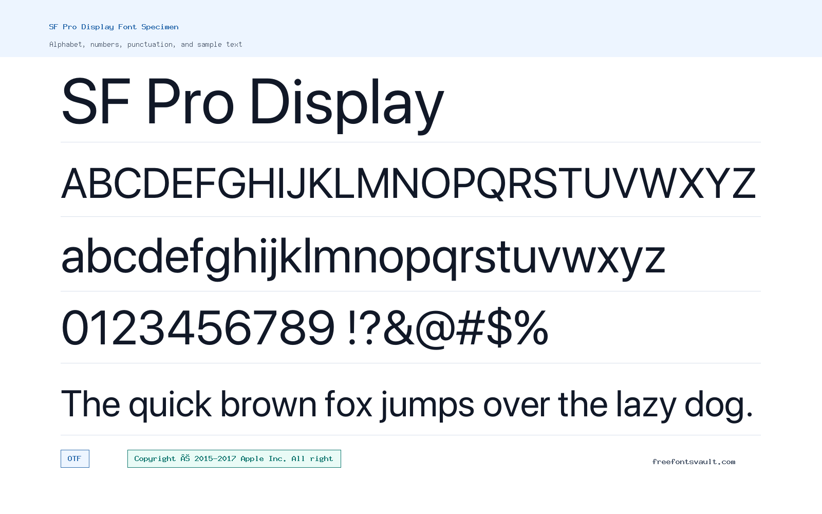 SF Pro Display font specimen showing alphabet, numbers, and sample text