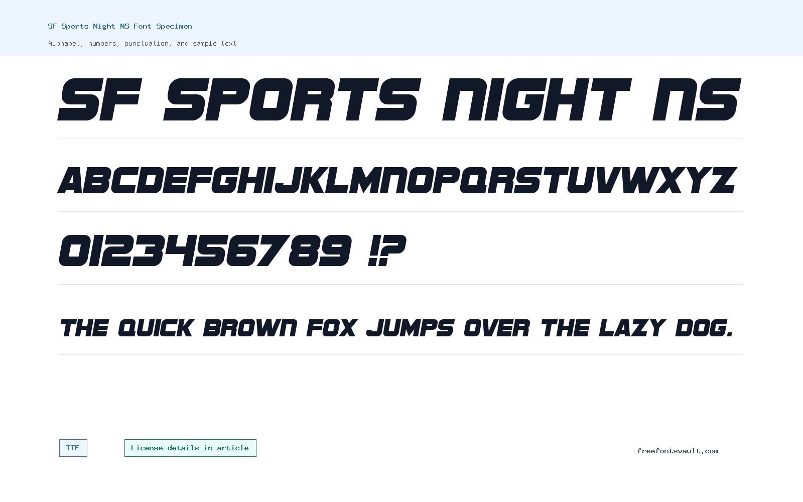 SF Sports Night NS font specimen showing alphabet, numbers, and sample text
