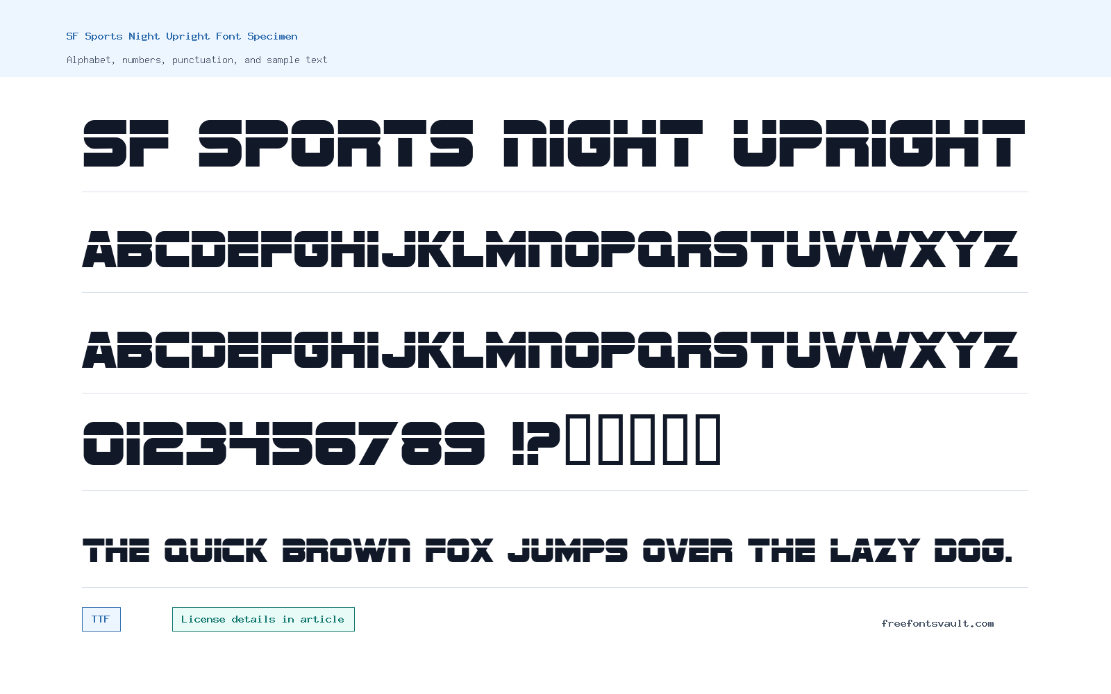 SF Sports Night Upright font specimen showing alphabet, numbers, and sample text