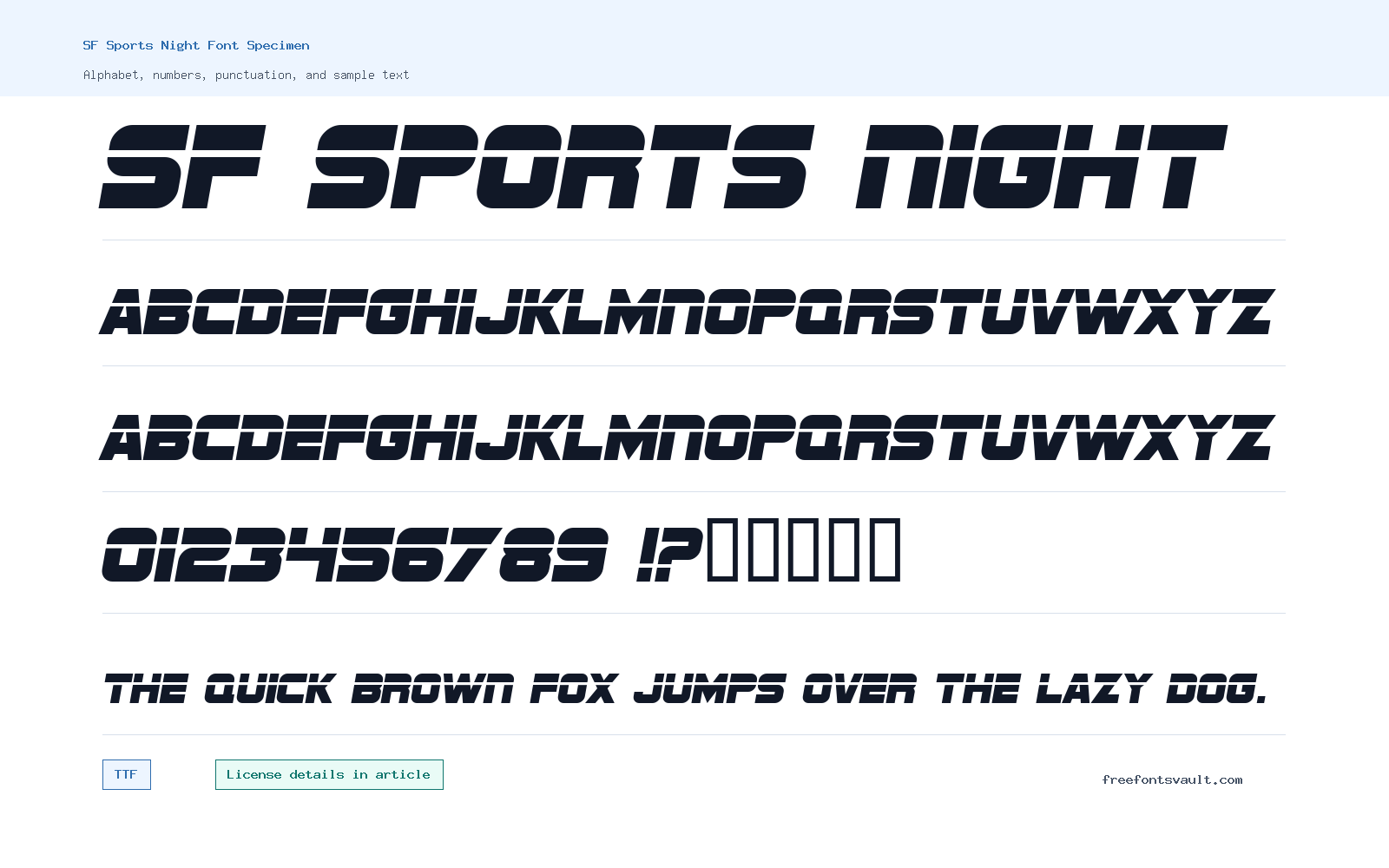 SF Sports Night font specimen showing alphabet, numbers, and sample text