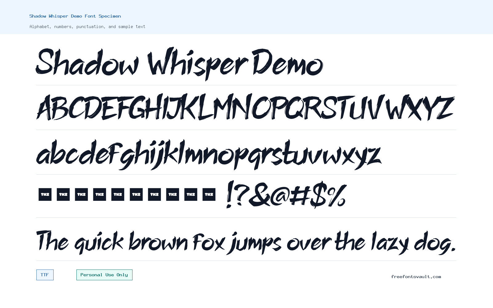 Shadow Whisper Demo font specimen showing alphabet, numbers, and sample text
