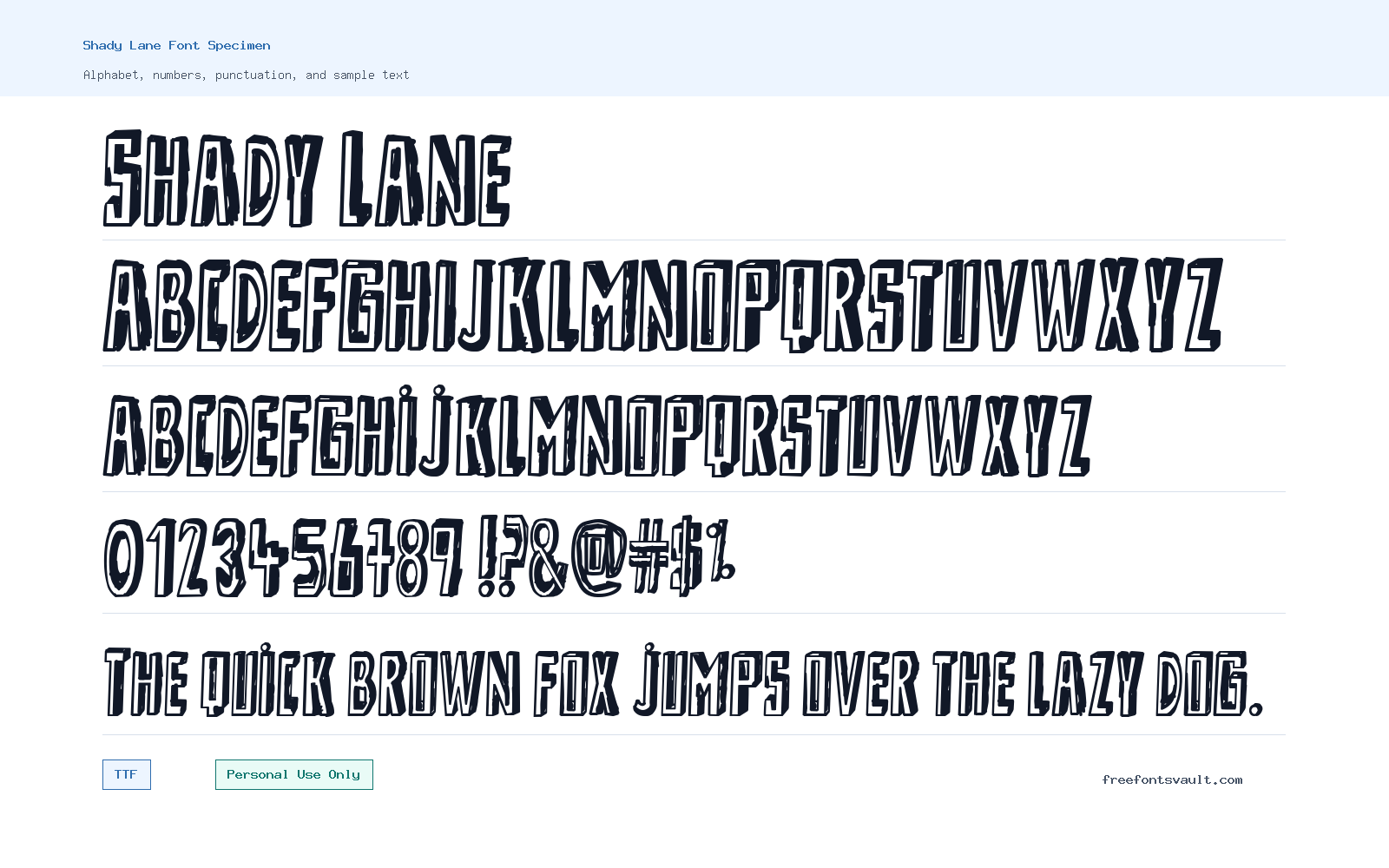 Shady Lane font specimen showing alphabet, numbers, and sample text