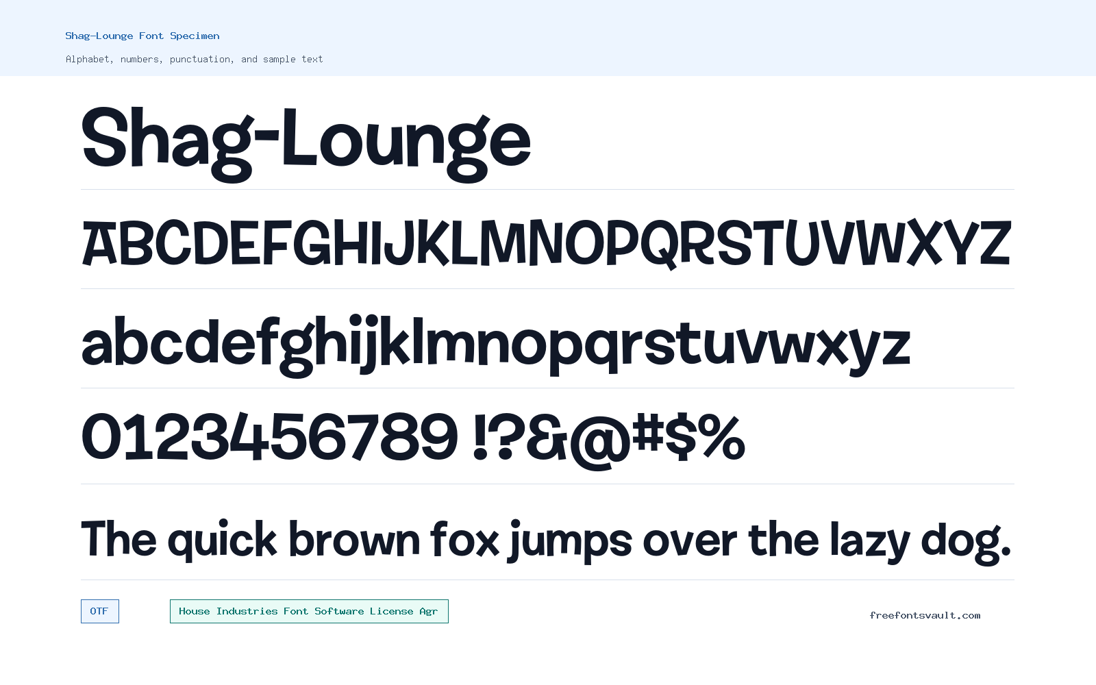 Shag-Lounge font specimen showing alphabet, numbers, and sample text