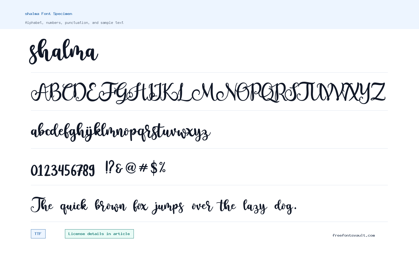 shalma font specimen showing alphabet, numbers, and sample text