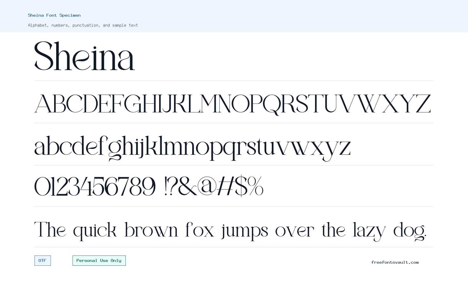 Sheina font specimen showing alphabet, numbers, and sample text