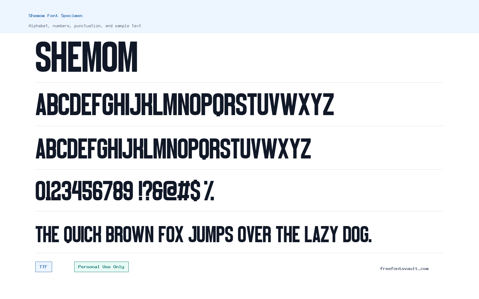 Shemom font specimen showing alphabet, numbers, and sample text