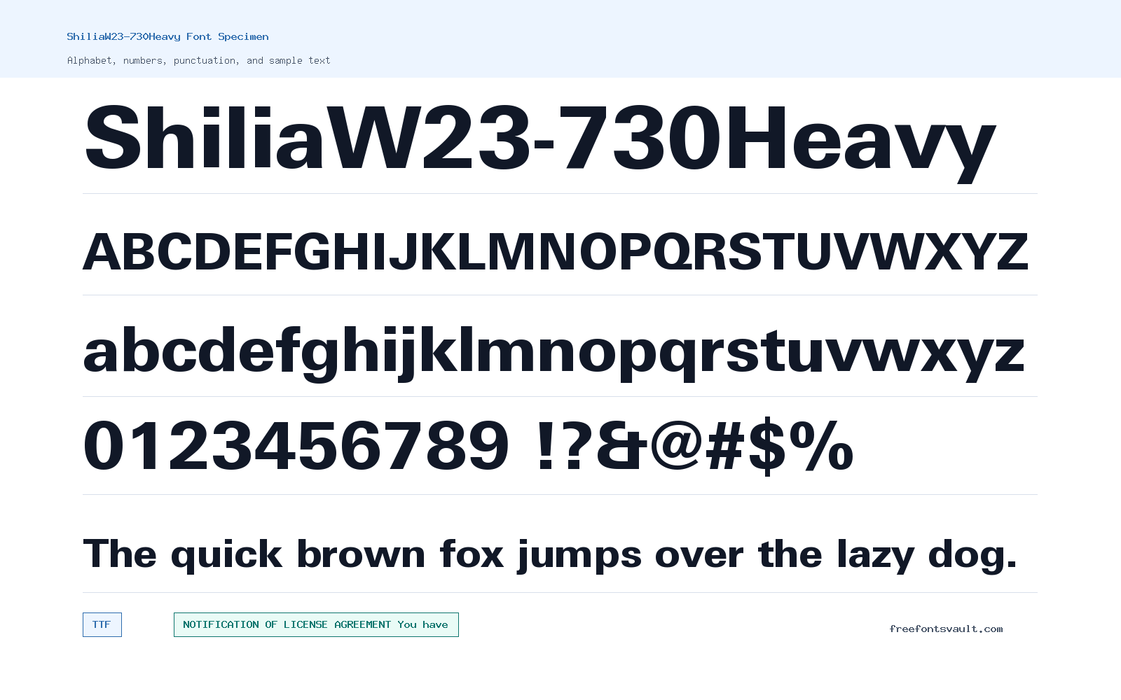 ShiliaW23-730Heavy font specimen showing alphabet, numbers, and sample text