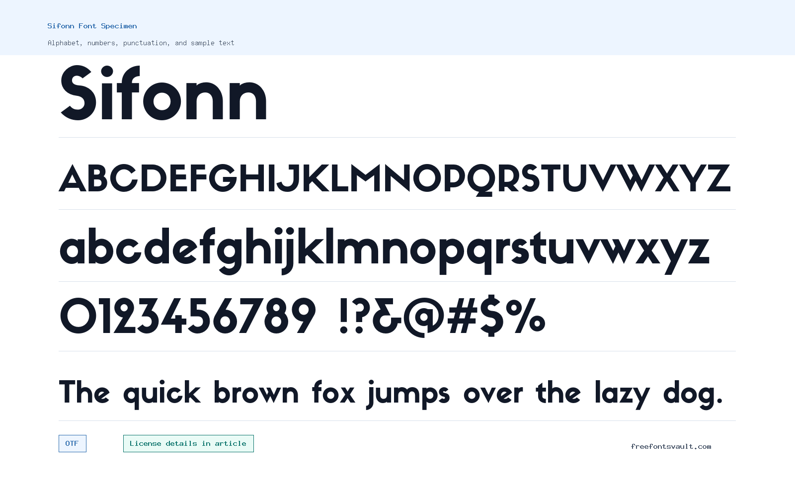 Sifonn font specimen showing alphabet, numbers, and sample text