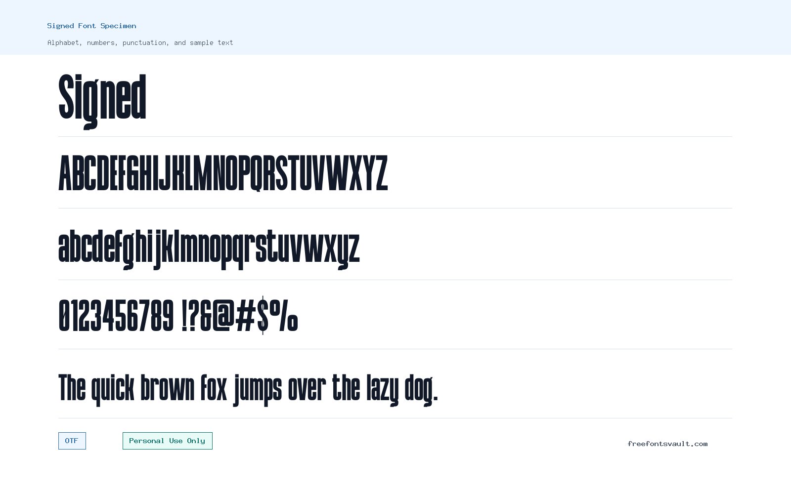 Signed font specimen showing alphabet, numbers, and sample text