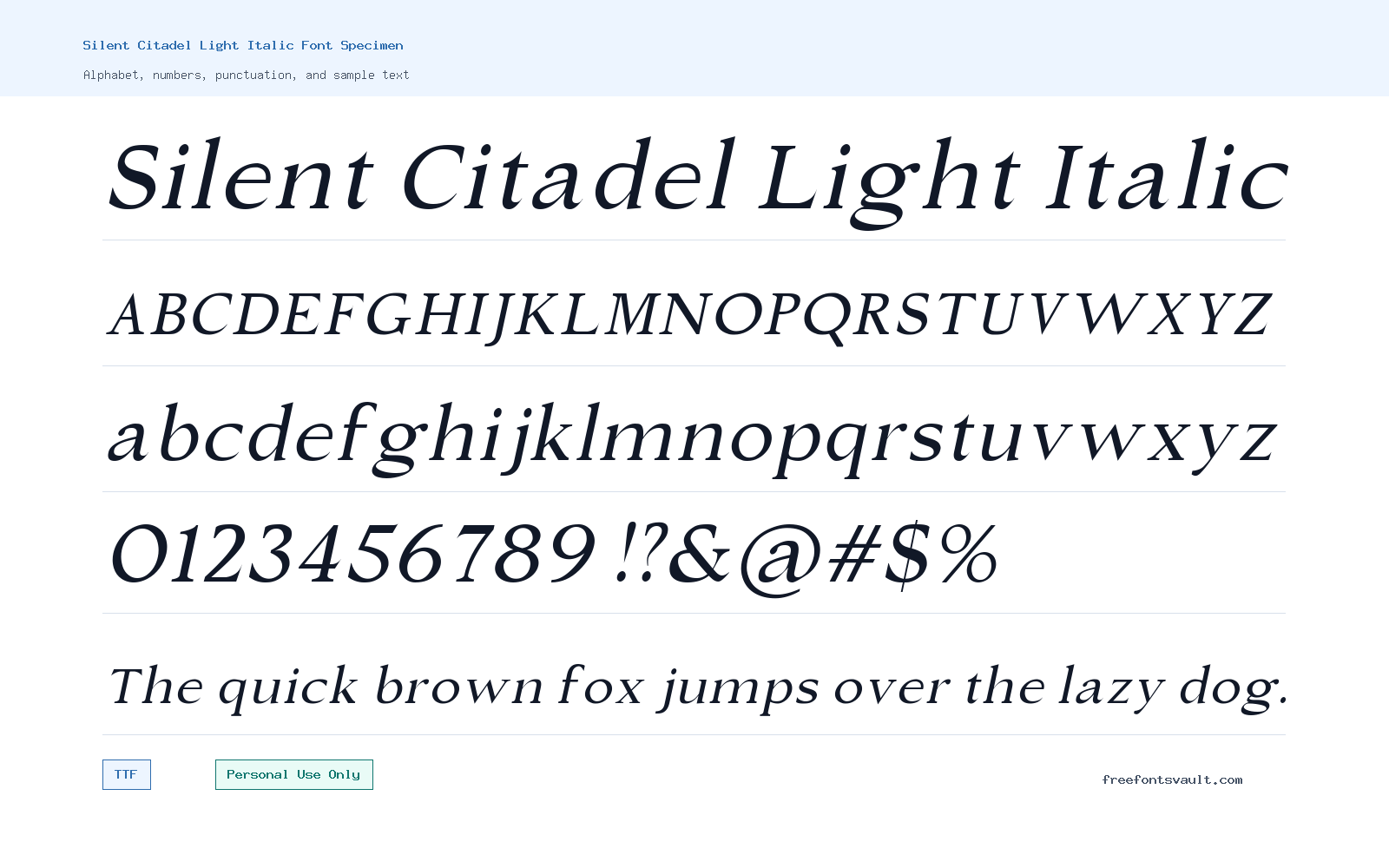 Silent Citadel Light Italic font specimen showing alphabet, numbers, and sample text