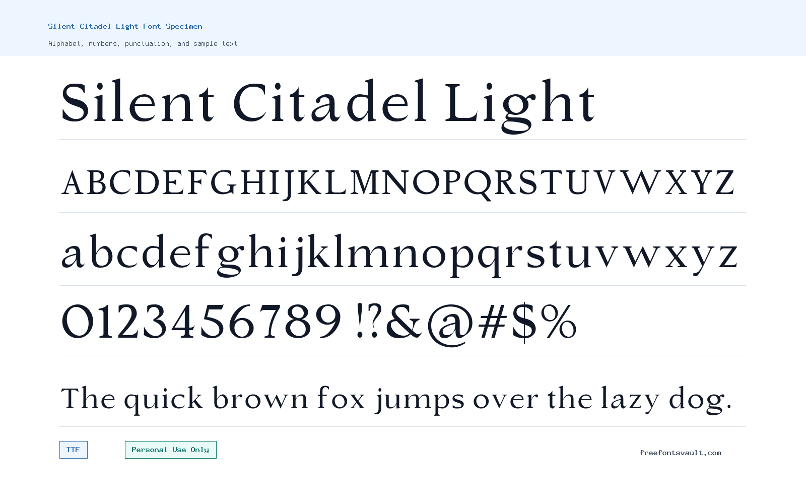 Silent Citadel Light font specimen showing alphabet, numbers, and sample text