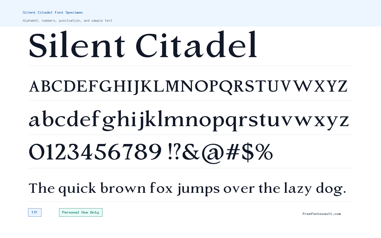 Silent Citadel font specimen showing alphabet, numbers, and sample text