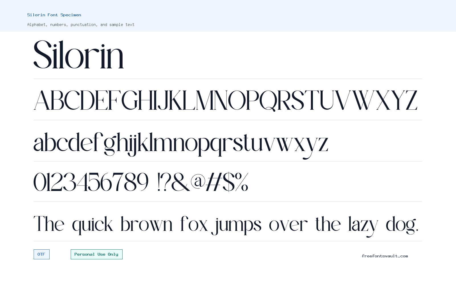 Silorin font specimen showing alphabet, numbers, and sample text