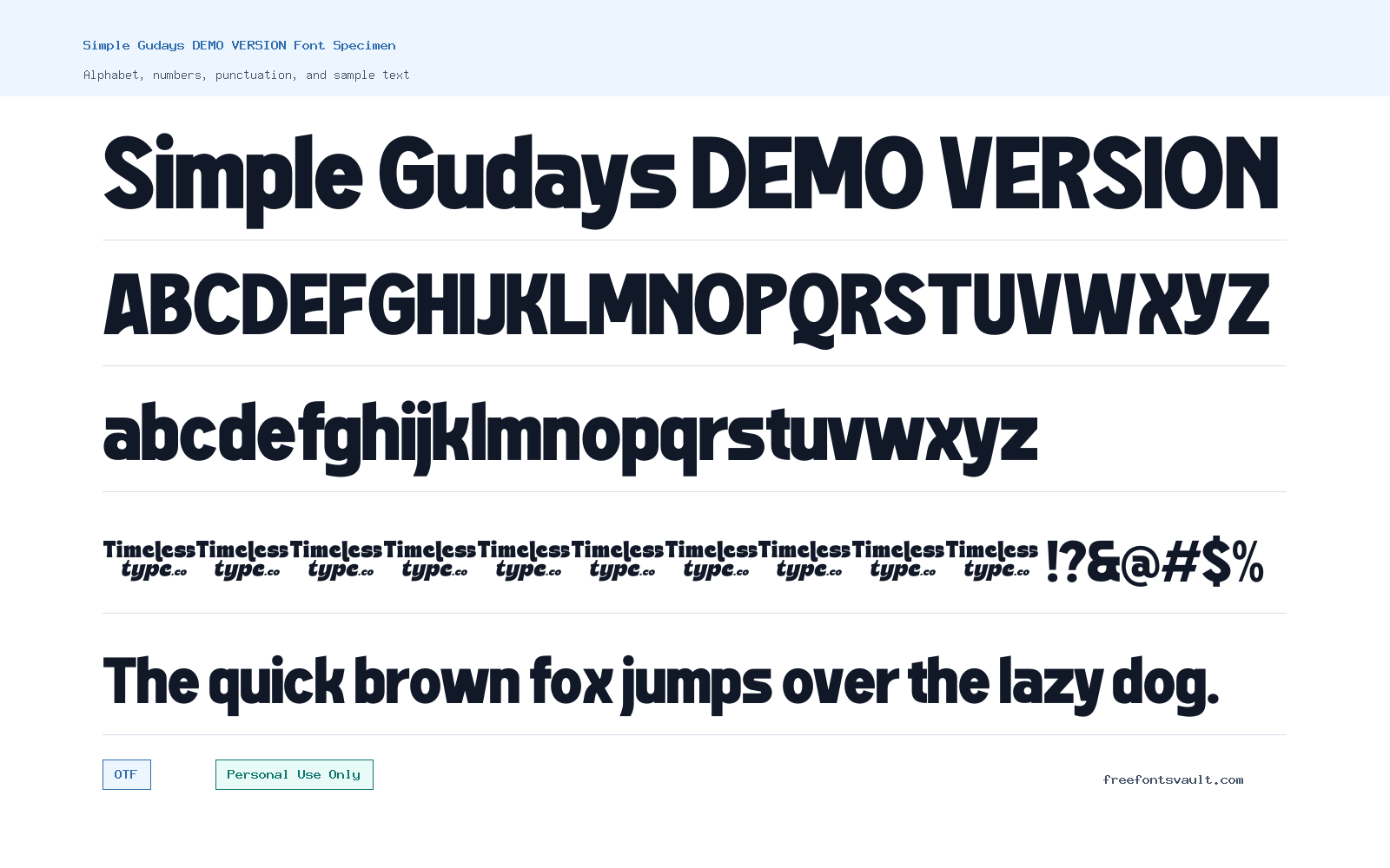 Simple Gudays DEMO VERSION font specimen showing alphabet, numbers, and sample text