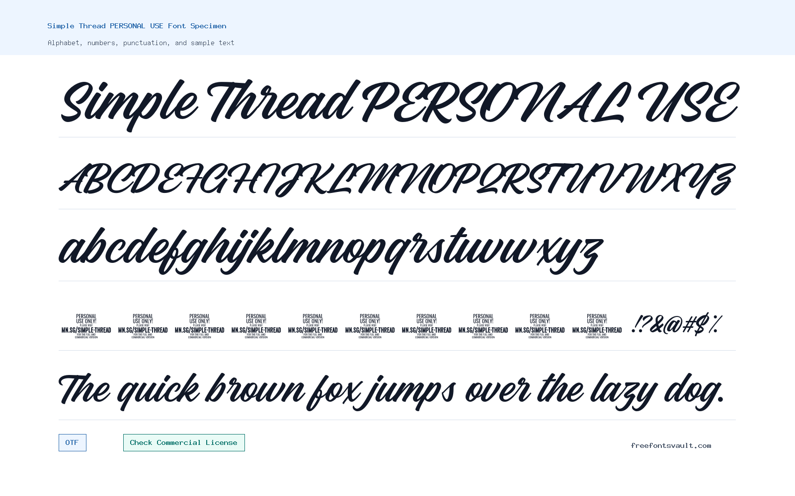 Simple Thread PERSONAL USE font specimen showing alphabet, numbers, and sample text