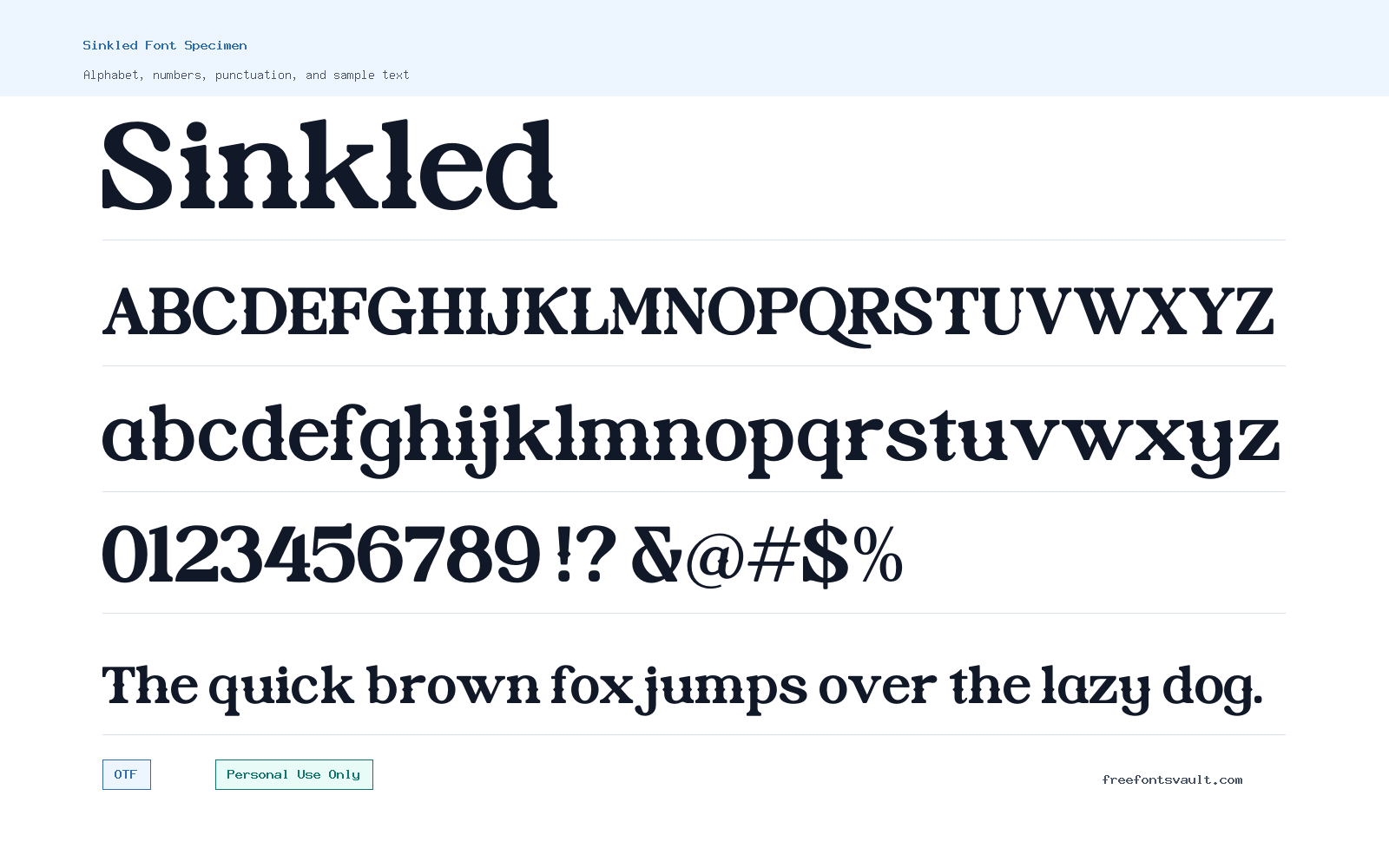 Sinkled font specimen showing alphabet, numbers, and sample text
