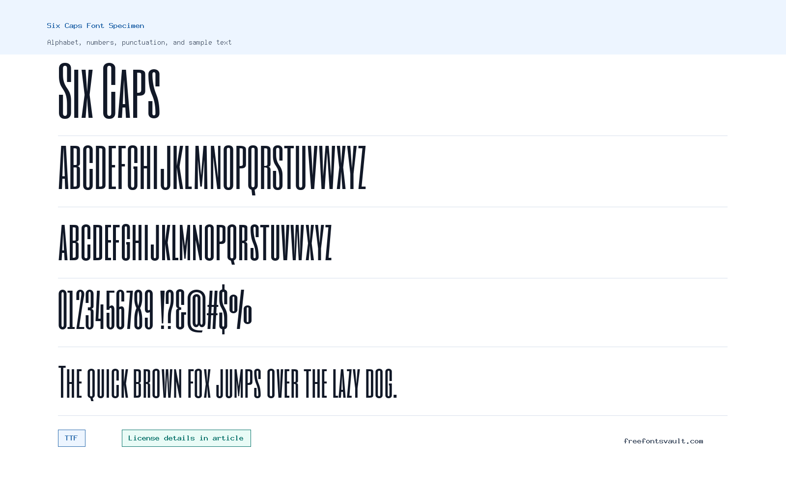 Six Caps font specimen showing alphabet, numbers, and sample text