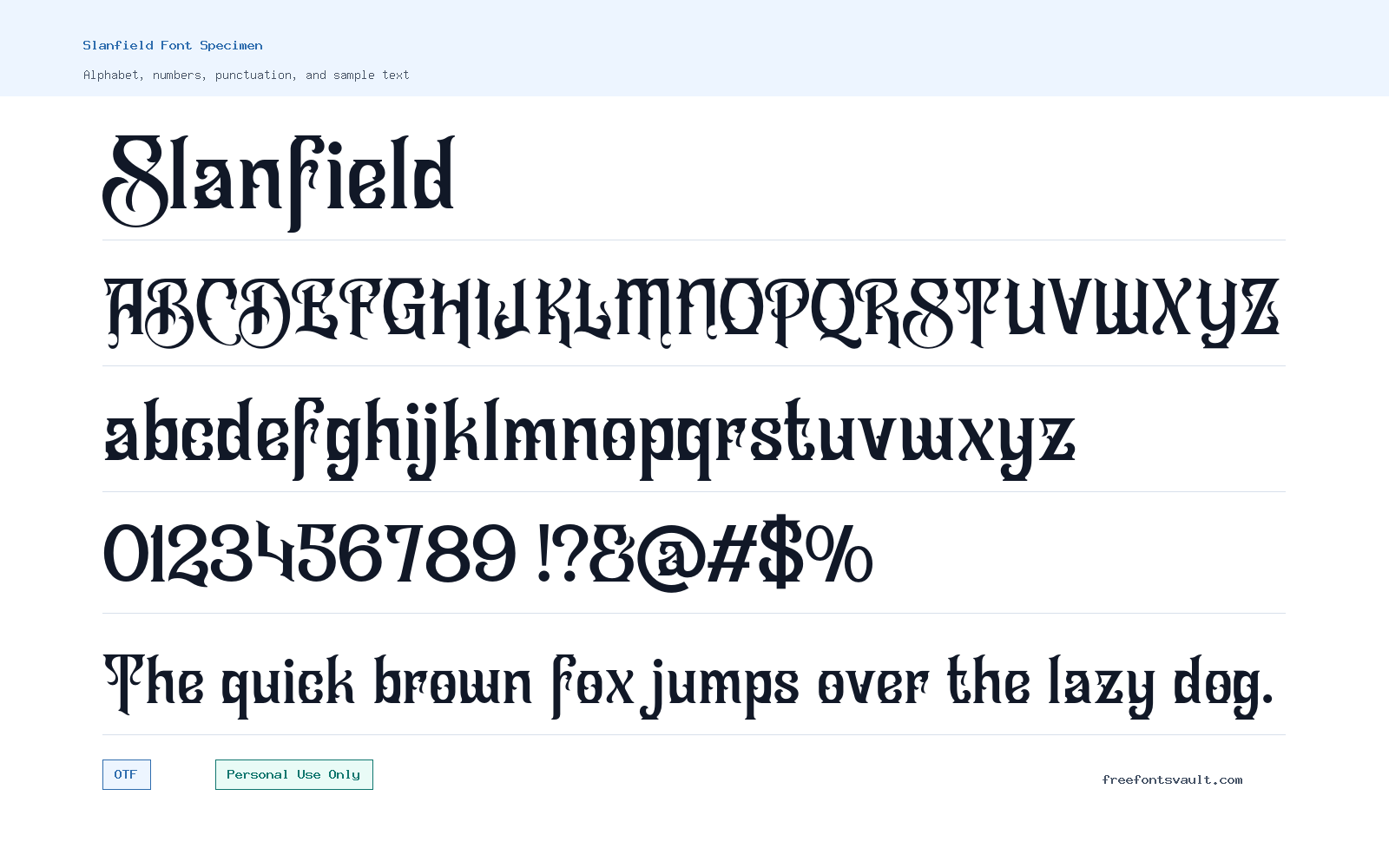 Slanfield font specimen showing alphabet, numbers, and sample text
