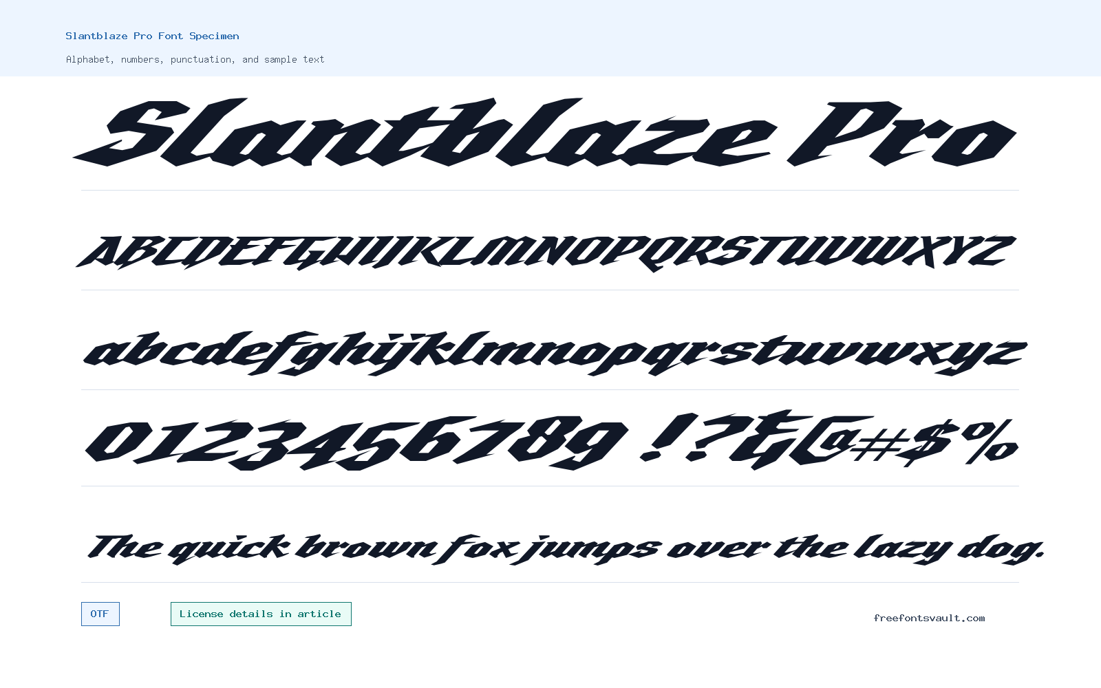Slantblaze Pro font specimen showing alphabet, numbers, and sample text