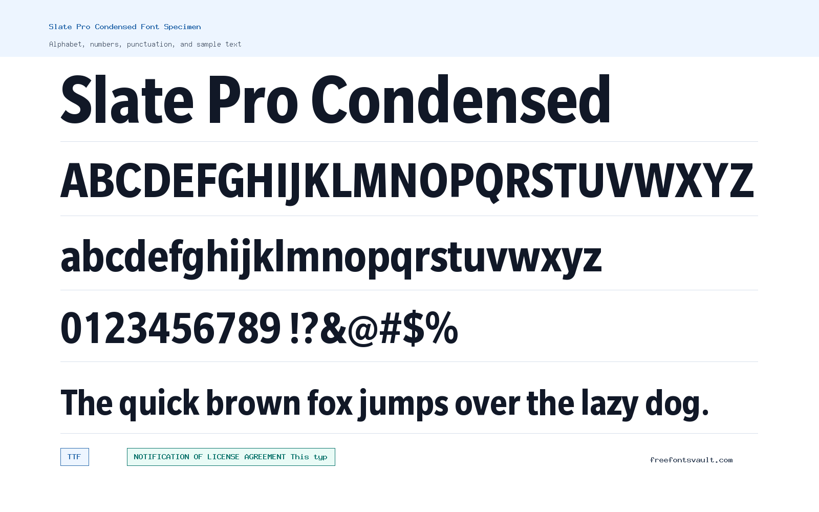 Slate Pro Condensed font specimen showing alphabet, numbers, and sample text
