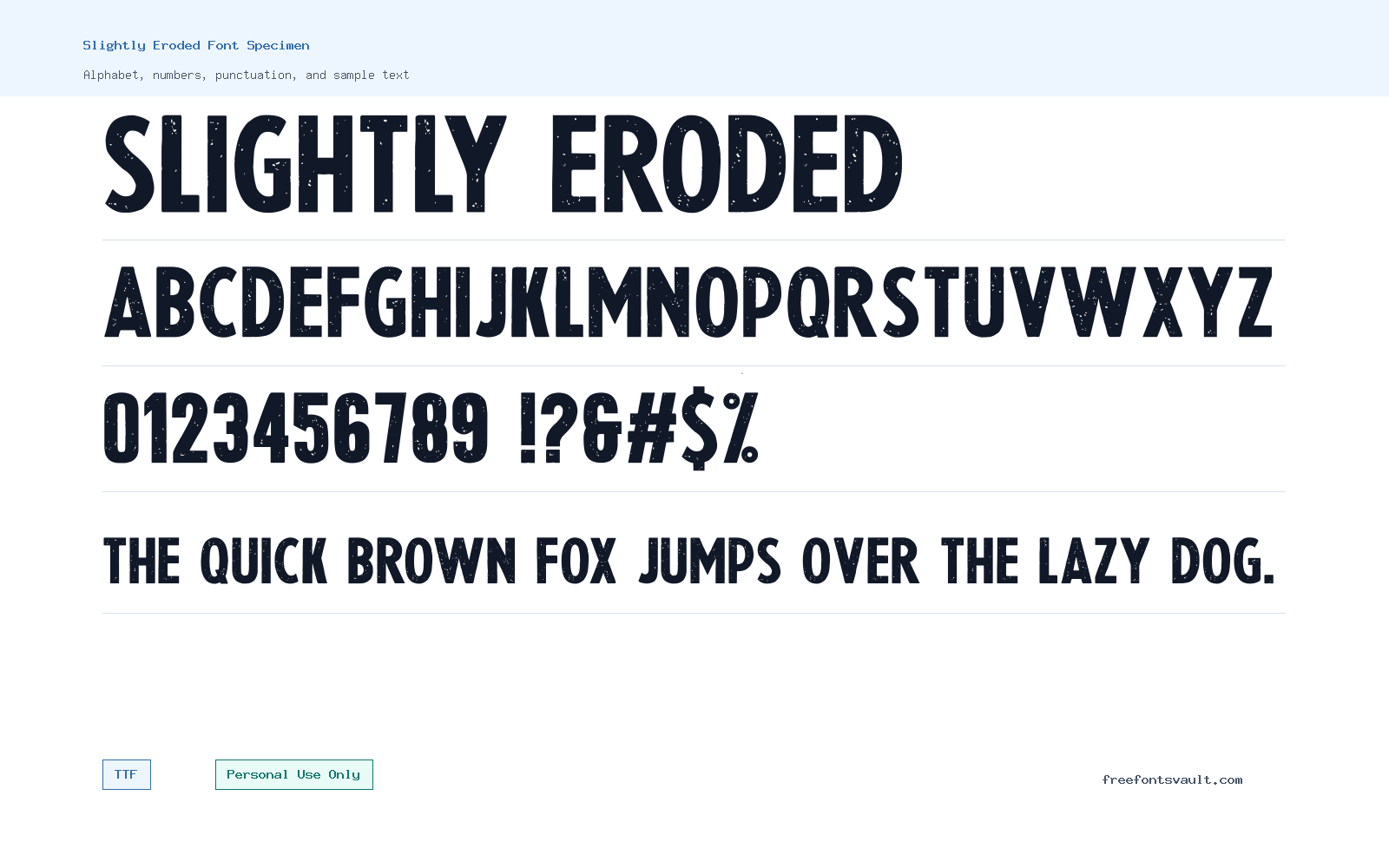 Slightly Eroded font specimen showing alphabet, numbers, and sample text