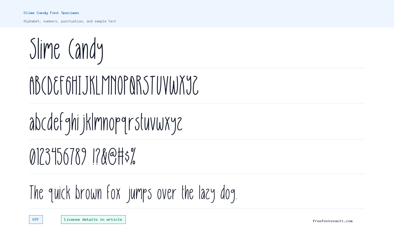 Slime Candy font specimen showing alphabet, numbers, and sample text