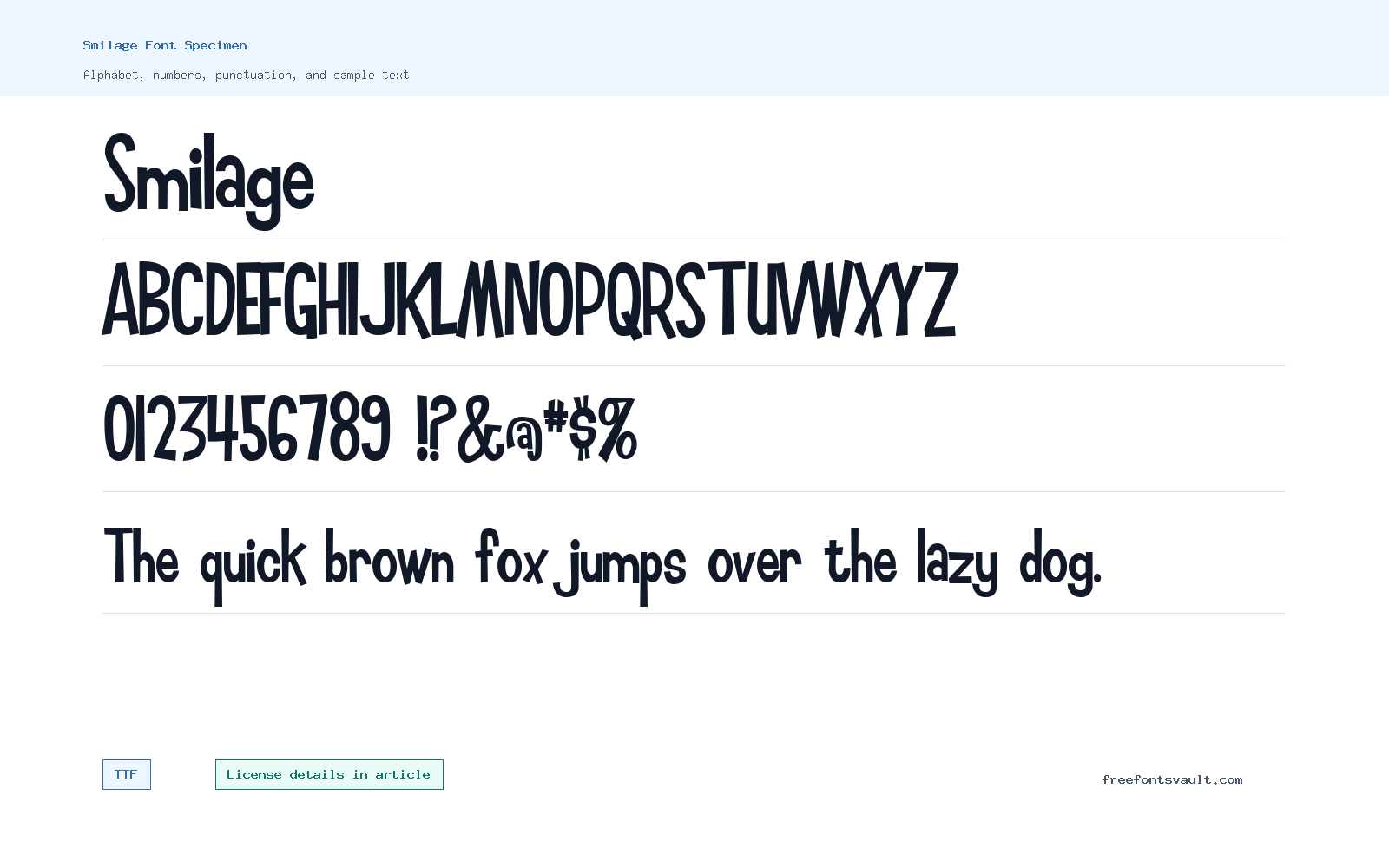 Smilage font specimen showing alphabet, numbers, and sample text