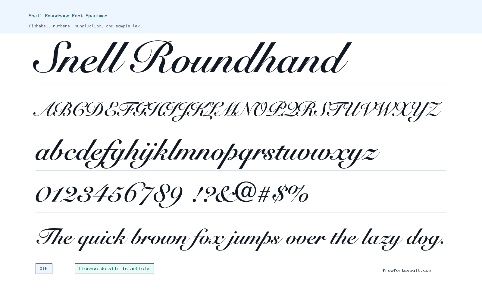 Snell Roundhand font specimen showing alphabet, numbers, and sample text
