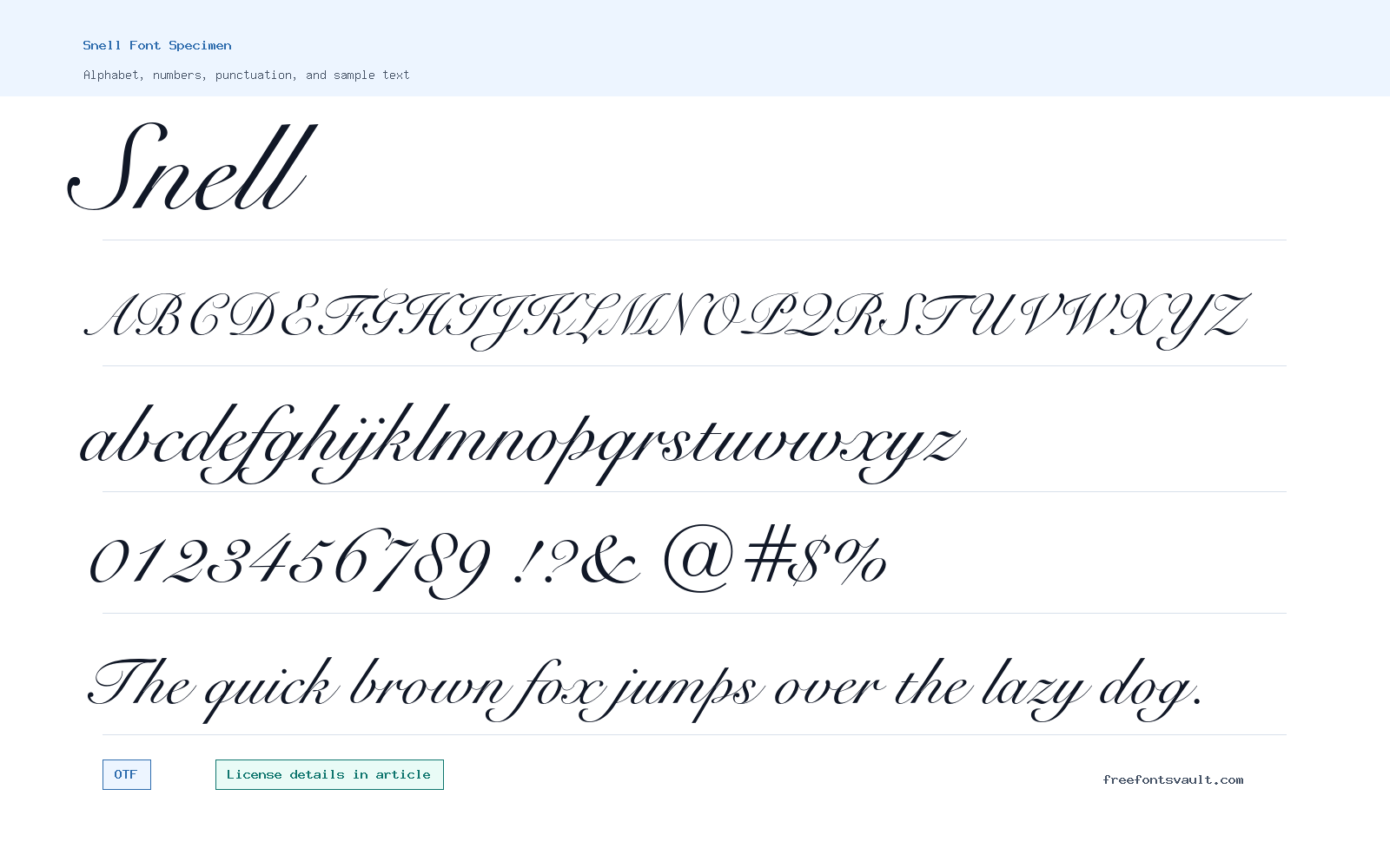 Snell font specimen showing alphabet, numbers, and sample text