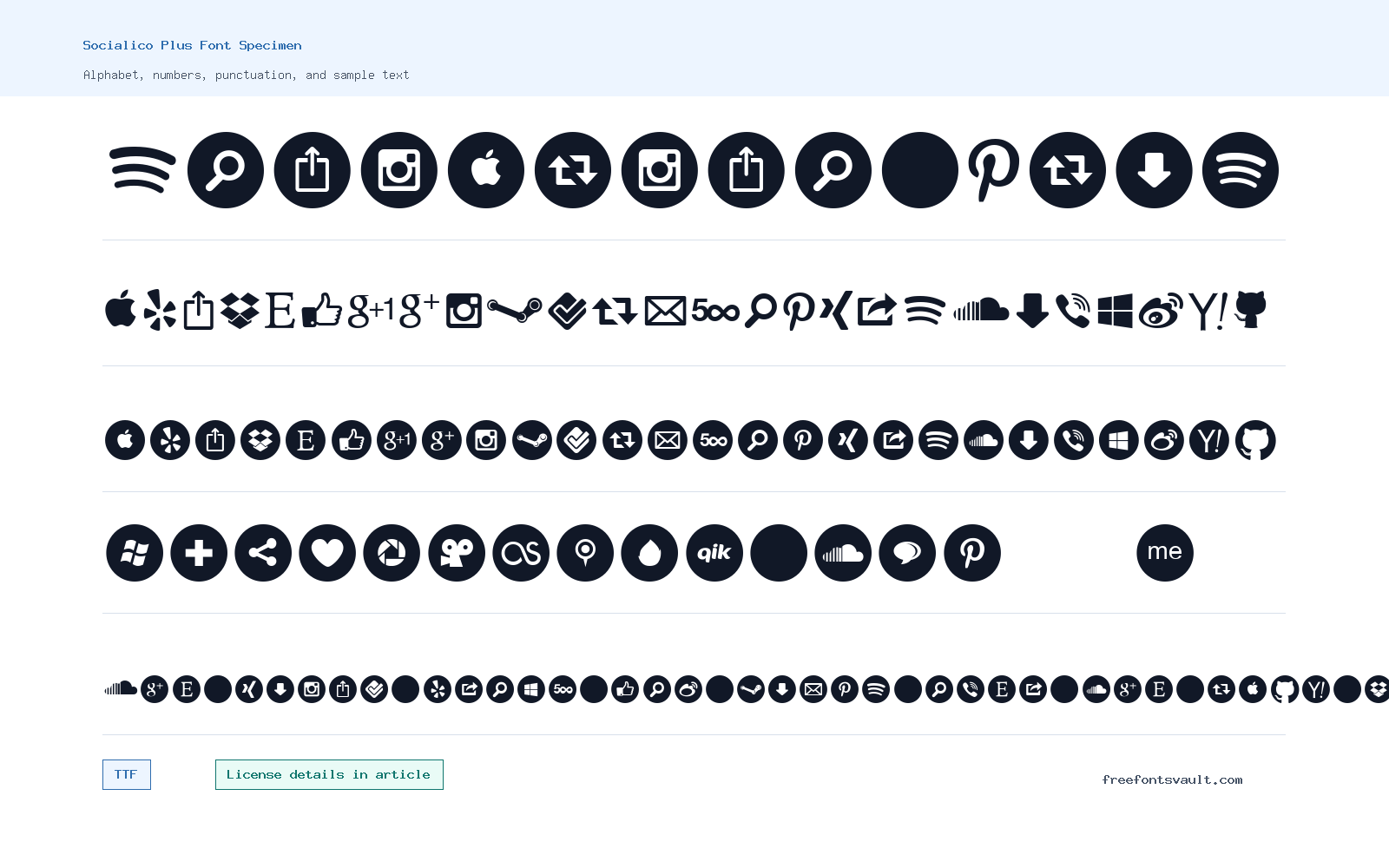 Socialico Plus font specimen showing alphabet, numbers, and sample text