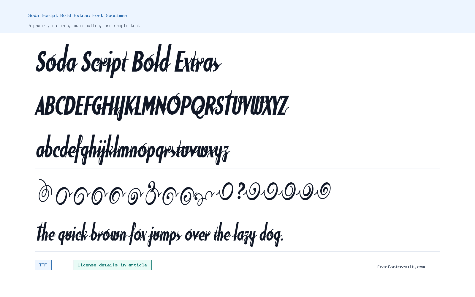 Soda Script Bold Extras font specimen showing alphabet, numbers, and sample text
