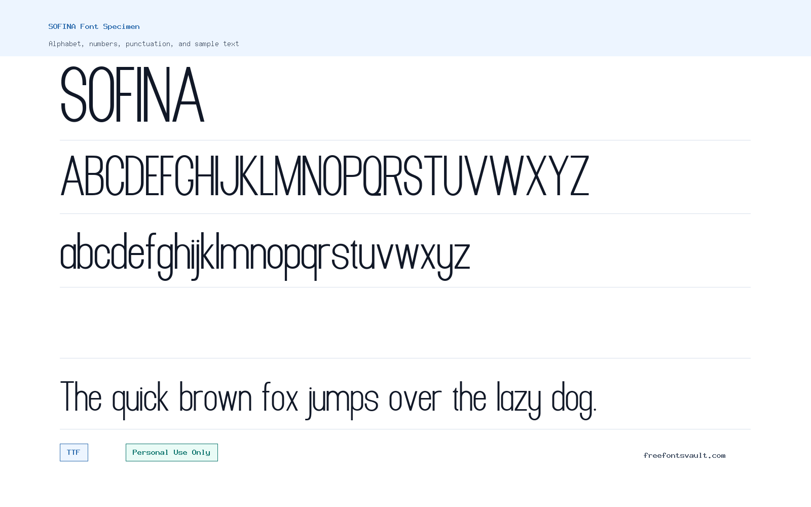 SOFINA font specimen showing alphabet, numbers, and sample text