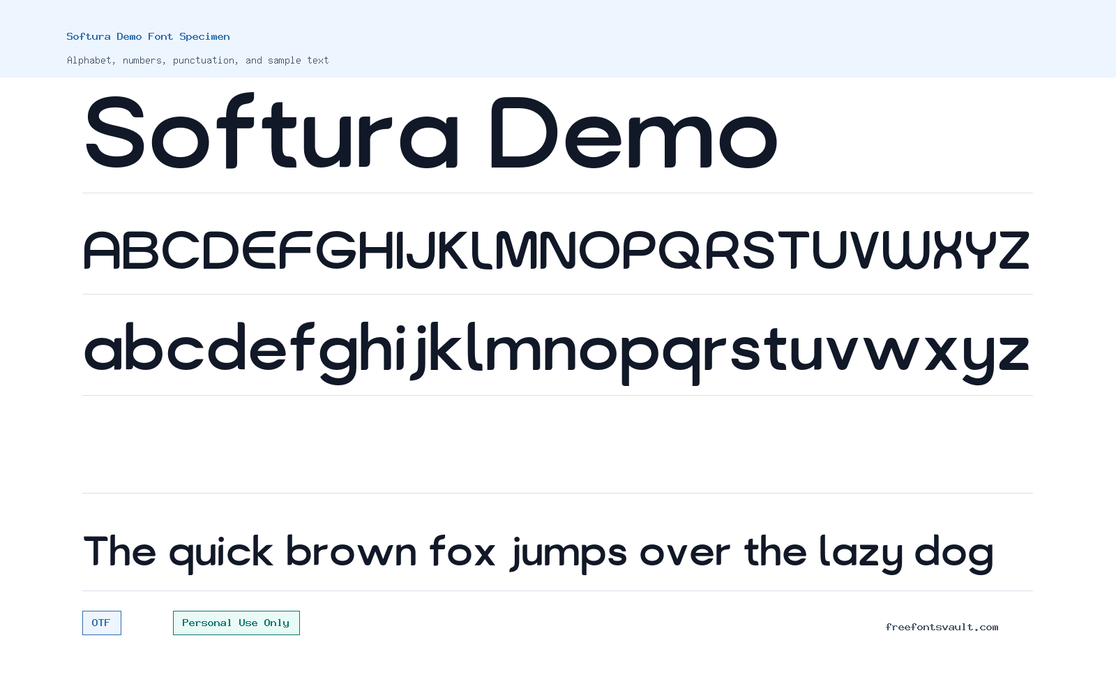 Softura Demo font specimen showing alphabet, numbers, and sample text