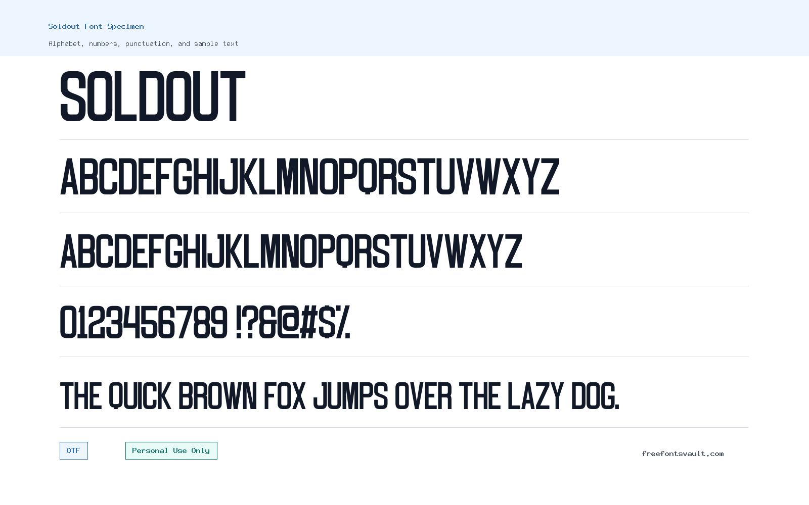 Soldout font specimen showing alphabet, numbers, and sample text