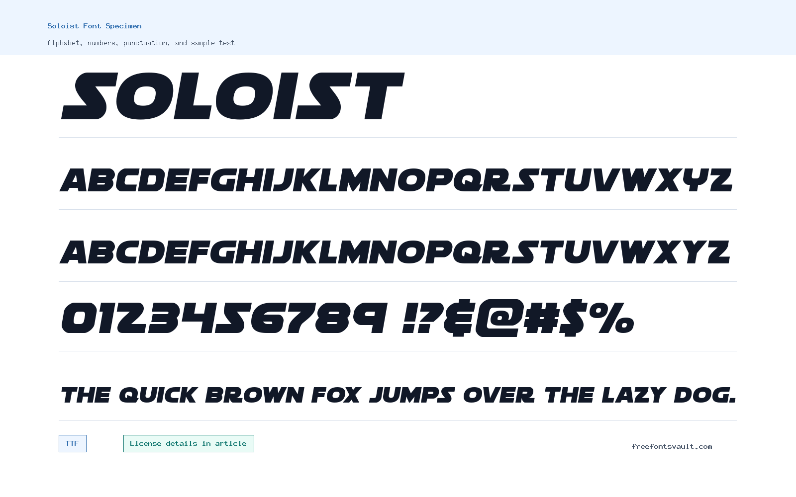 Soloist font specimen showing alphabet, numbers, and sample text