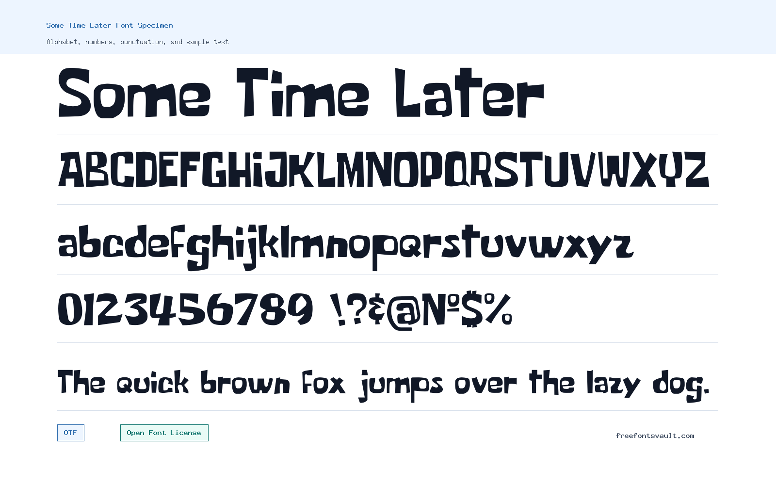 Some Time Later font specimen showing alphabet, numbers, and sample text