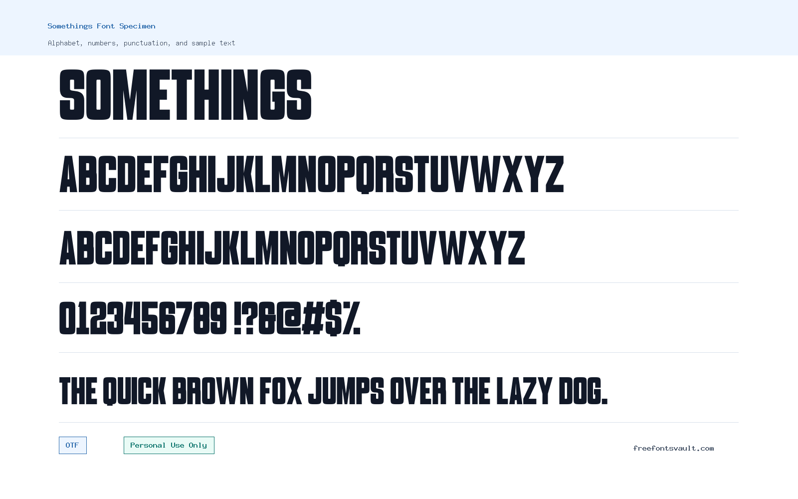 Somethings font specimen showing alphabet, numbers, and sample text