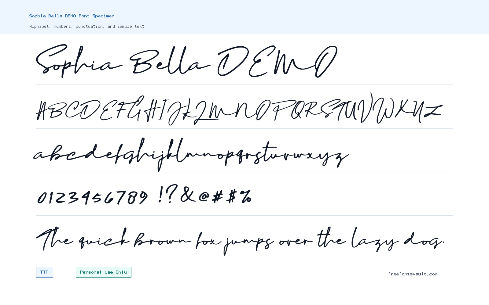 Sophia Bella DEMO font specimen showing alphabet, numbers, and sample text