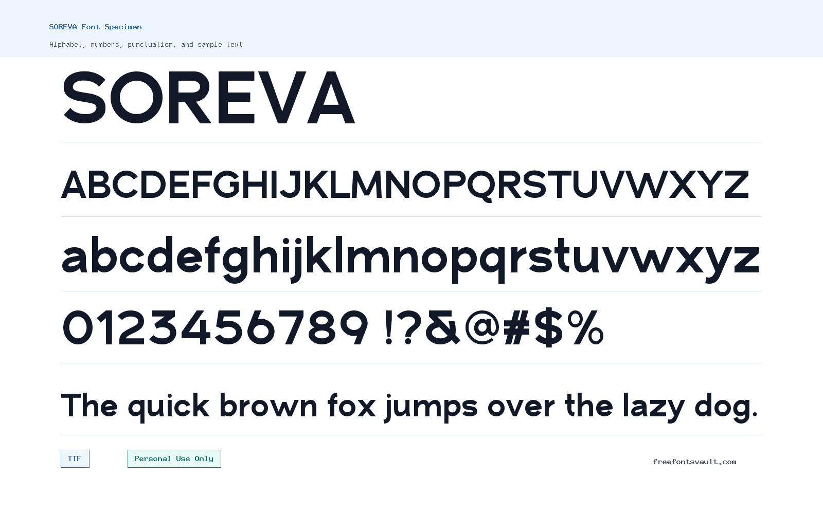 SOREVA font specimen showing alphabet, numbers, and sample text