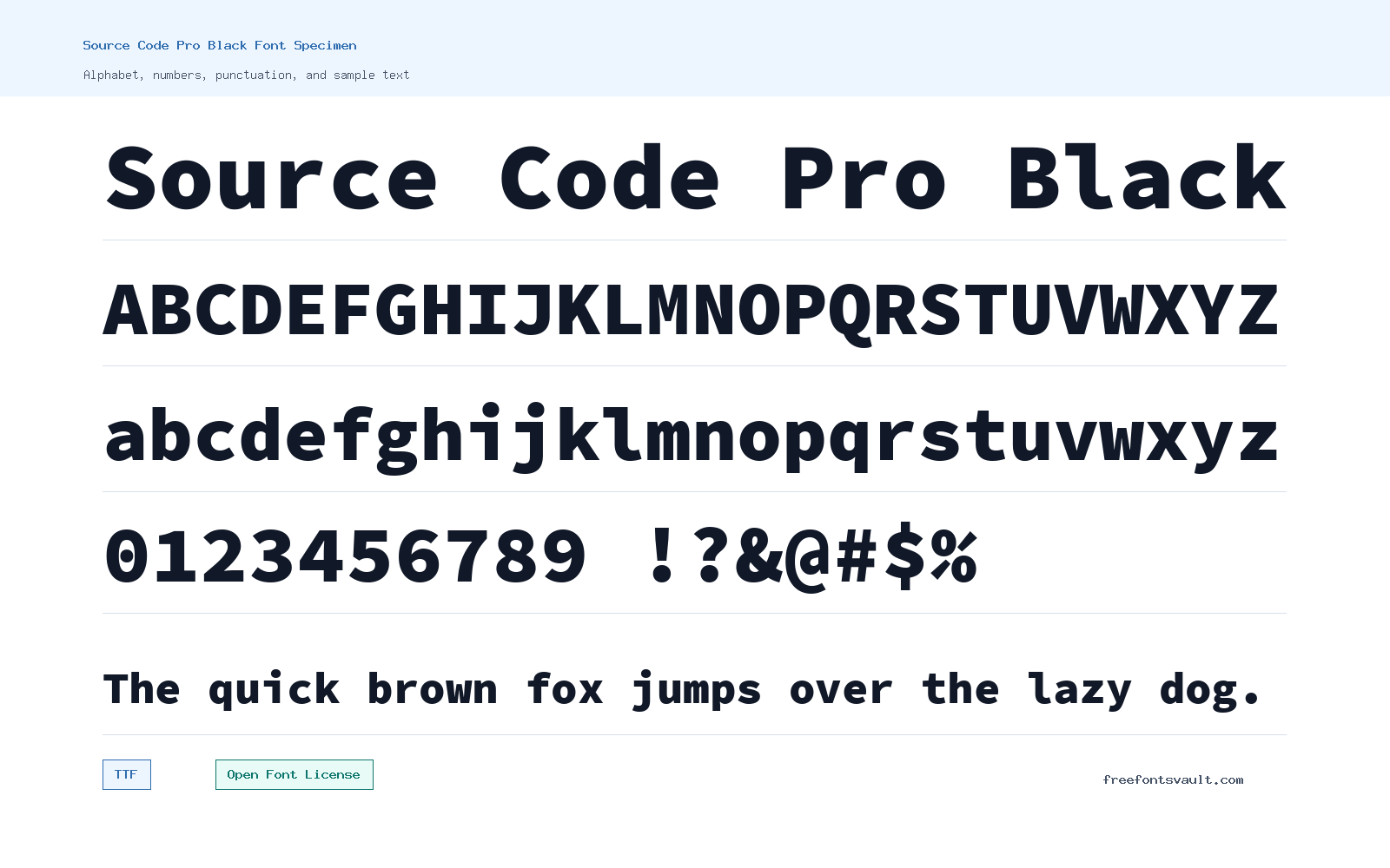 Source Code Pro Black font specimen showing alphabet, numbers, and sample text