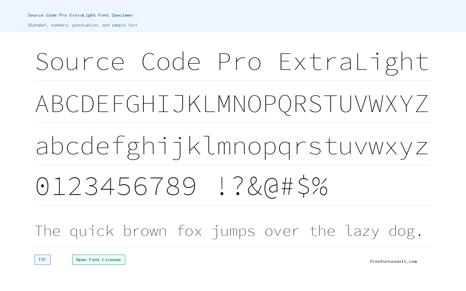 Source Code Pro ExtraLight font specimen showing alphabet, numbers, and sample text
