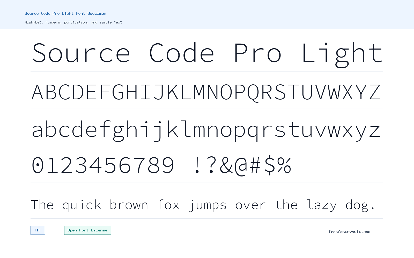 Source Code Pro Light font specimen showing alphabet, numbers, and sample text