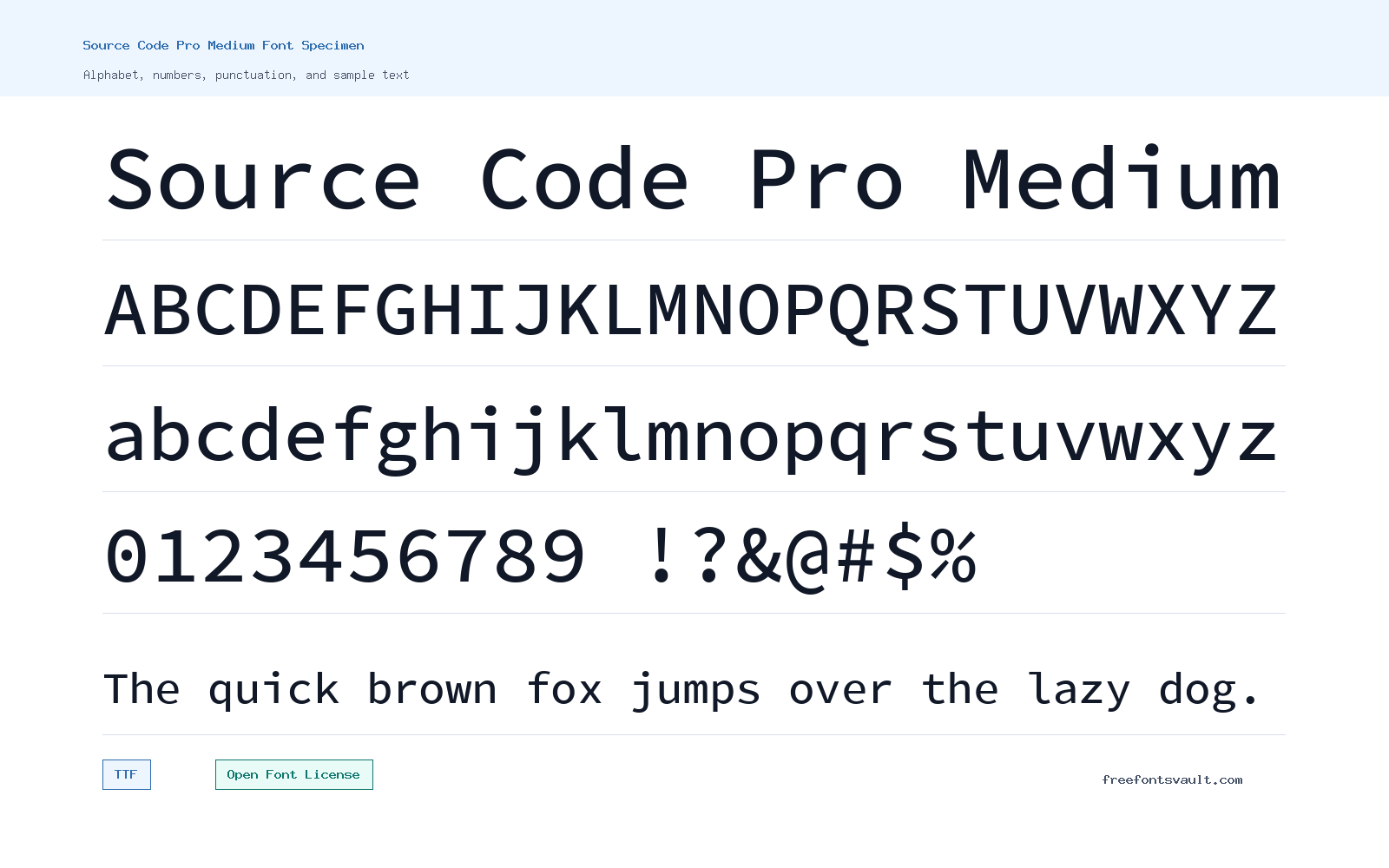 Source Code Pro Medium font specimen showing alphabet, numbers, and sample text