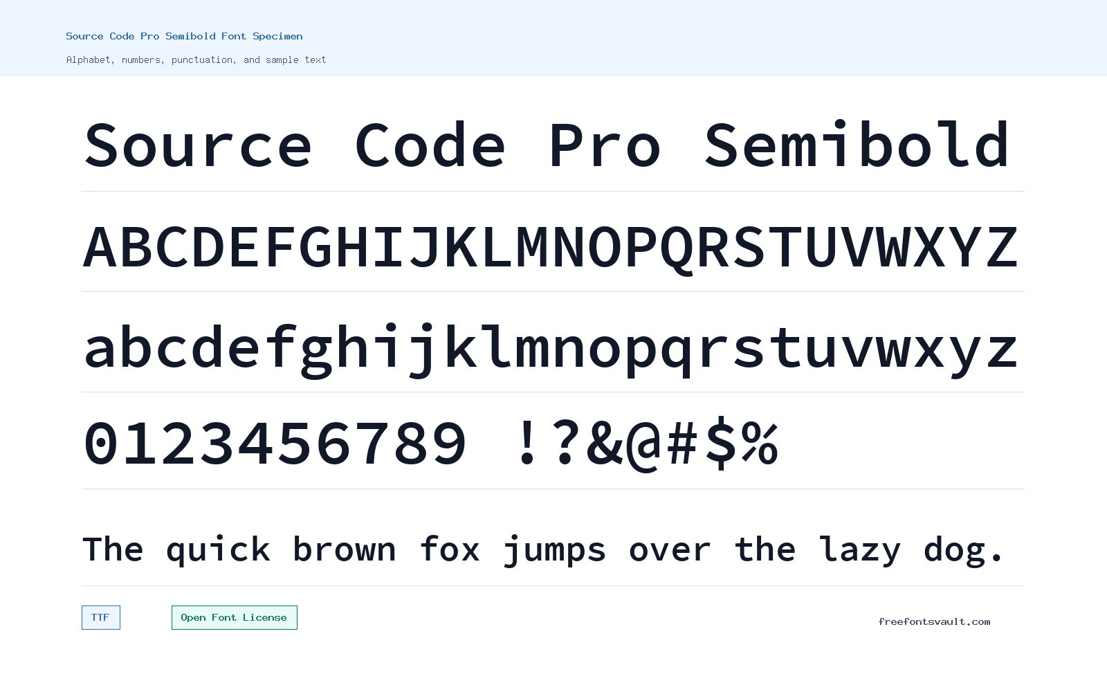 Source Code Pro Semibold font specimen showing alphabet, numbers, and sample text