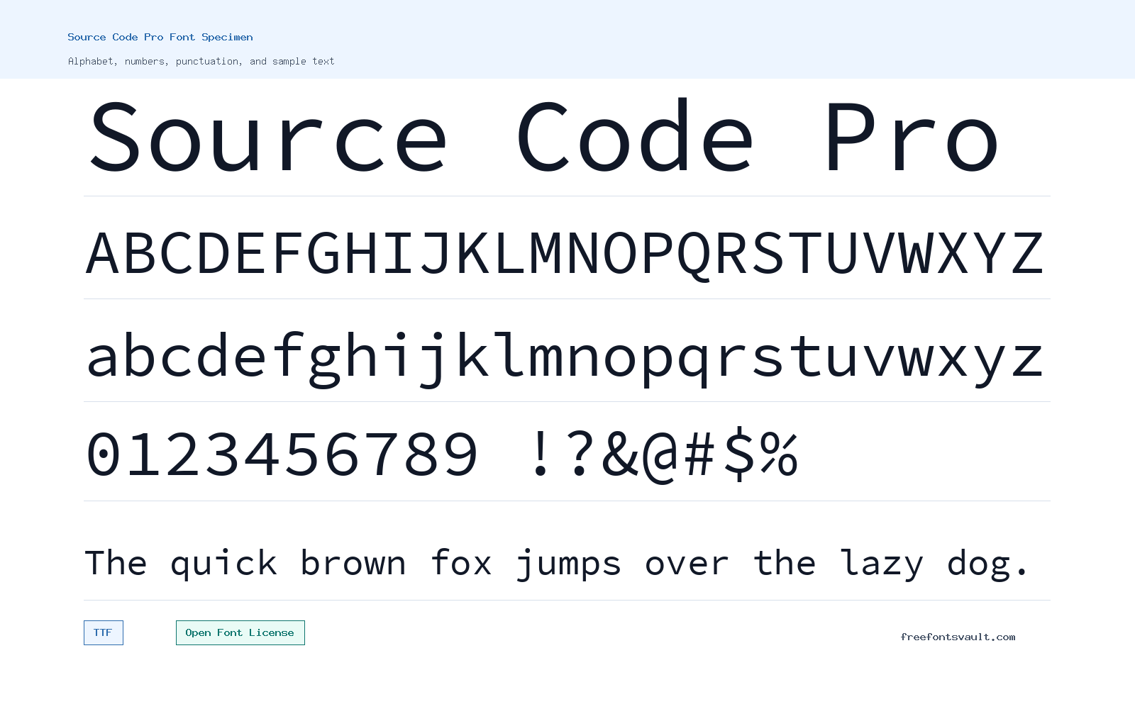Source Code Pro font specimen showing alphabet, numbers, and sample text