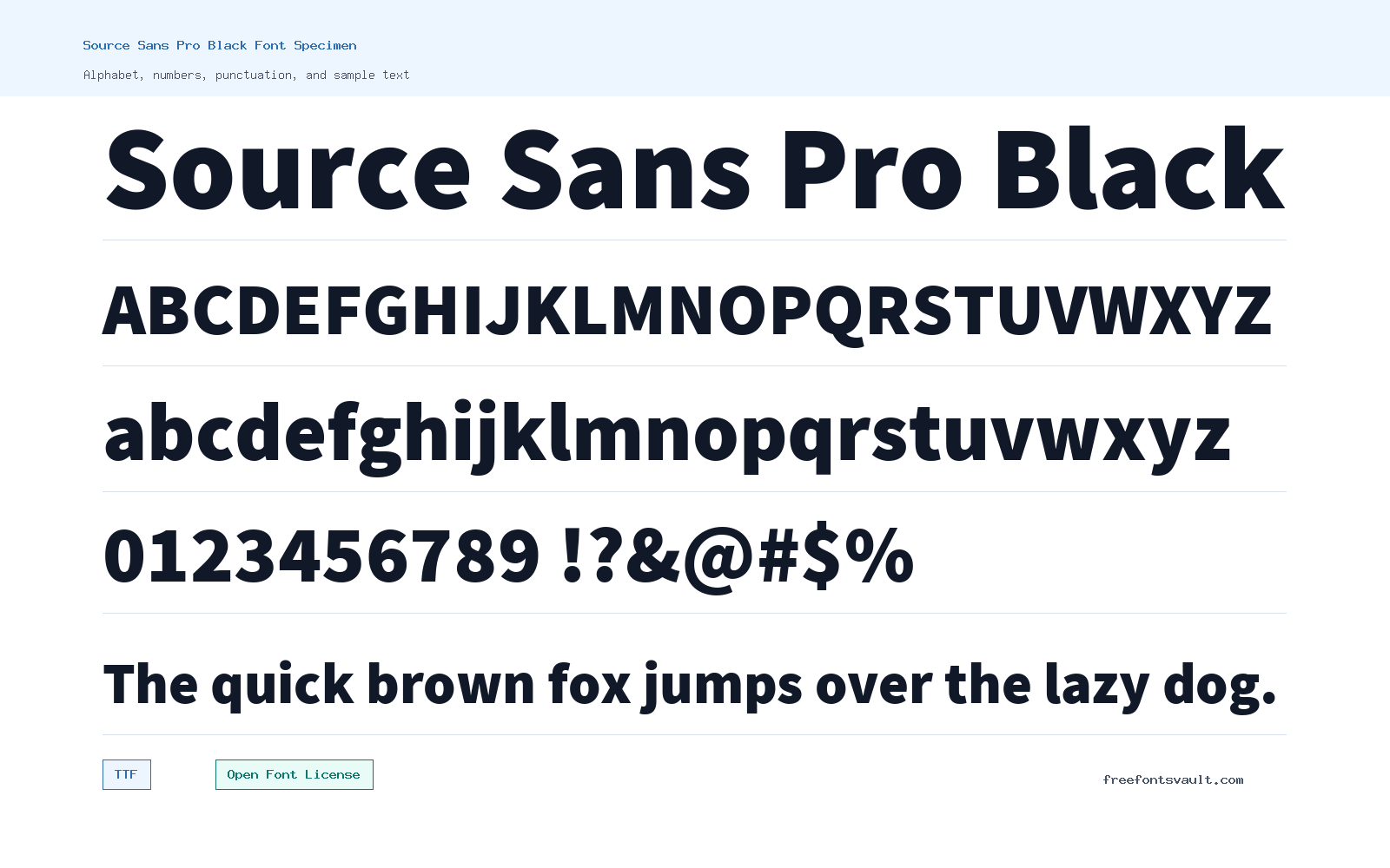 Source Sans Pro Black font specimen showing alphabet, numbers, and sample text